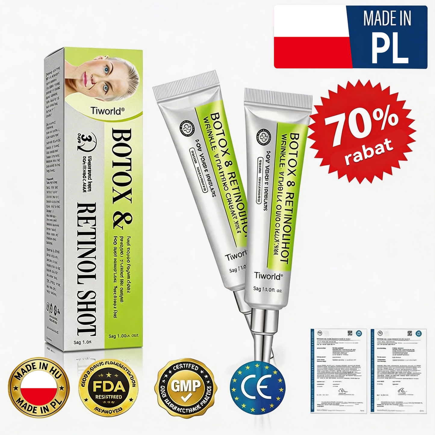 🎉👏🌿Dumnie opracowane i zatwierdzone przez polskie instytucje💫Tiworld® Zaawansowany krem liftingująco-odnawiający z peptydami o działaniu podobnym do botoksu + retinolem Vita-A – tylko dziś 70% zniżki